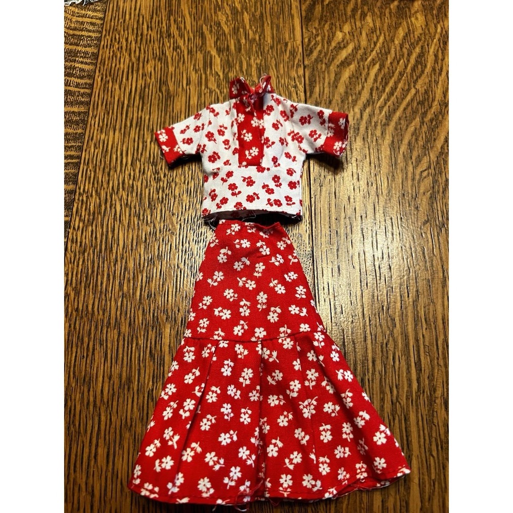 Vintage 70s Barbie Doll Outfit Red White Floral Top & Maxi Skirt Cotton No Doll